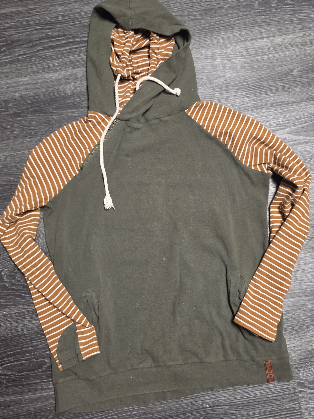 Women's Olive Green Hoodie with Rust-Striped Sleeves